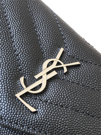 Y.S.L CASSANDRE MATELASS?? FRAGMENTS FLAP CARD CASE IN GRAIN DE POUDRE LEATHER Silver Tone Metal Black