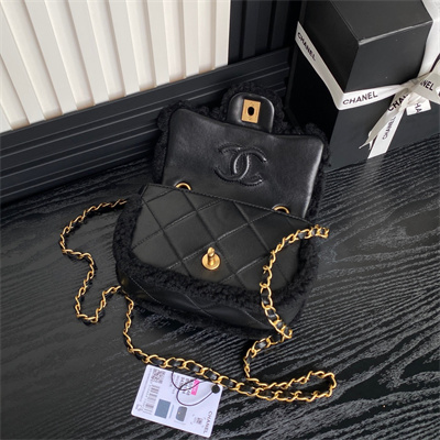Chanel Mini Flap Bag Shearling Lambskin & Gold-Tone Metal Black AS5148