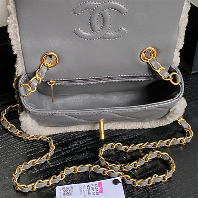 Chanel Mini Flap Bag Shearling Lambskin & Gold-Tone Metal Grey AS5148