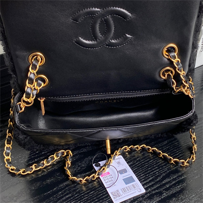 Chanel Flap Bag Shearling Lambskin & Gold-Tone Metal Black AS5149