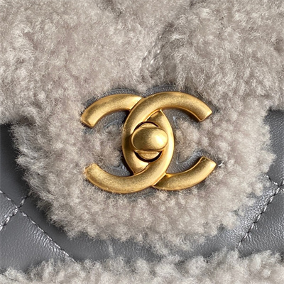 Chanel Flap Bag Shearling Lambskin & Gold-Tone Metal Grey AS5149