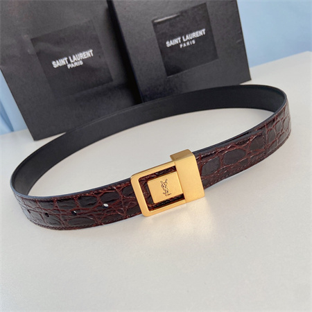 YSL Belts In Crocodile Embossed Leather 30MM Gold Hardware Burgundy