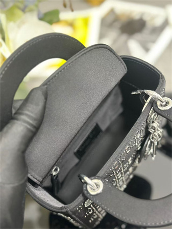 CD Mini Lady Dior Bag Satin With Crystal Cannage Silver Tone Metal Black