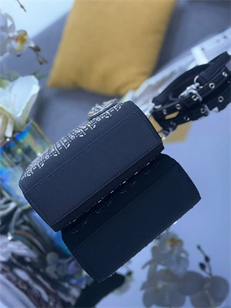 CD Mini Lady Dior Bag Satin With Crystal Cannage Silver Tone Metal Black