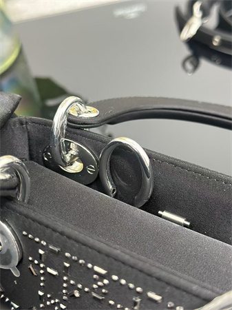 CD Mini Lady Dior Bag Satin With Crystal Cannage Silver Tone Metal Black