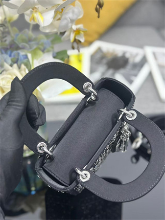 CD Mini Lady Dior Bag Satin With Crystal Cannage Silver Tone Metal Black