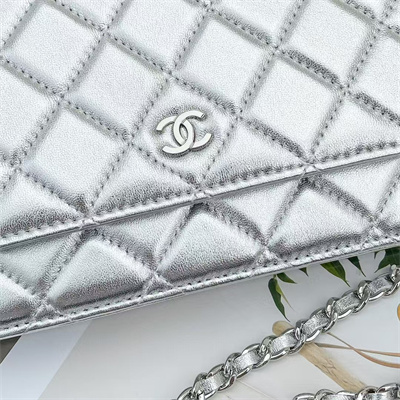 Chanel Wallet On Chain Lambskin Silver Tone Metal Silver AP0250