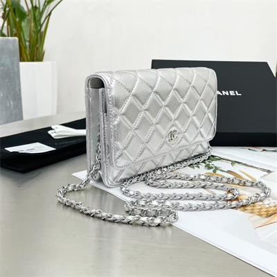 Chanel Wallet On Chain Lambskin Silver Tone Metal Silver AP0250