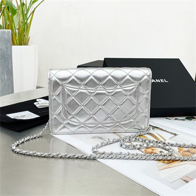 Chanel Wallet On Chain Lambskin Silver Tone Metal Silver AP0250