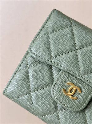 Chanel Small Flap Wallet Tri-Fold Grained Calfskin Gold Tone Metal Green A82288