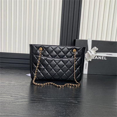 Cha.nel Small Tote Shiny Lambskin & Gold-Tone Metal Black AS5215
