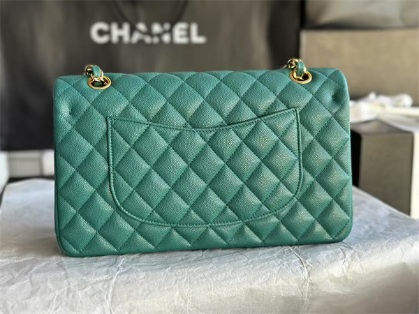 Chanel Medium Classic Flap Bag Grained Calfskin Gold Tone Metal Green 01112