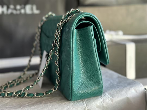 Chanel Medium Classic Flap Bag Grained Calfskin Silver Tone Metal Green 01112