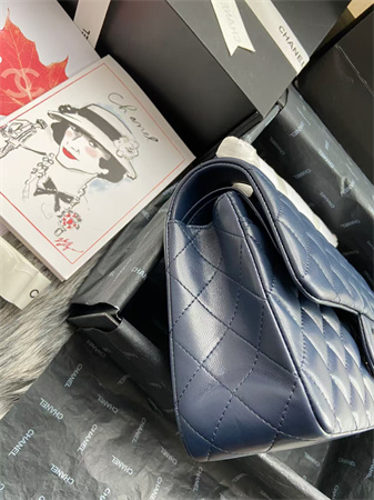 Chanel Medium Classic Flap Bag Lambskin Silver Tone Metal Navy 01112