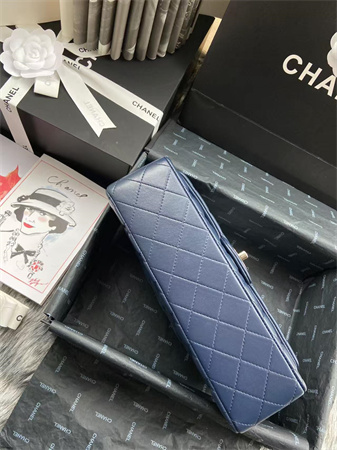 Chanel Medium Classic Flap Bag Lambskin Silver Tone Metal Navy 01112