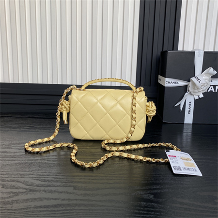 Chanel Mini Flap Bag With Top Handle Lambskin Gold Tone Metal Yellow Color AS5298