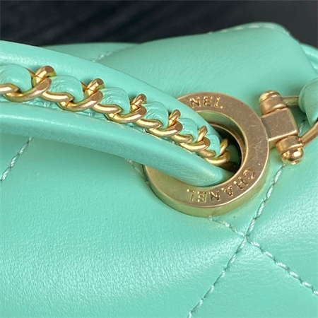 Chanel Mini Flap Bag With Top Handle Lambskin Gold Tone Metal Green Color AS5298