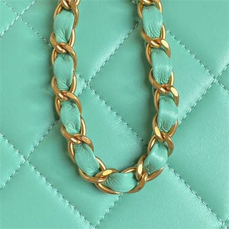 Chanel Mini Flap Bag With Top Handle Lambskin Gold Tone Metal Green Color AS5298