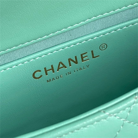 Chanel Mini Flap Bag With Top Handle Lambskin Gold Tone Metal Green Color AS5298