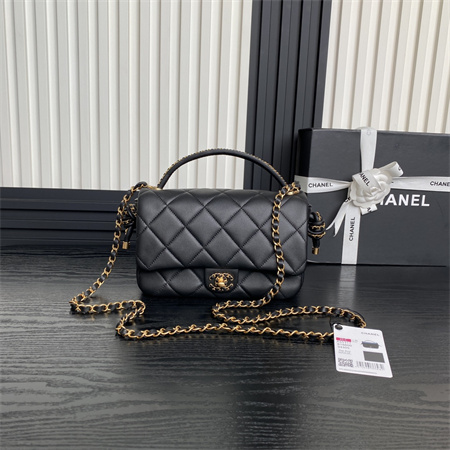 Chanel Flap Bag With Top Handle Lambskin Gold Tone Metal Black Color AS5317