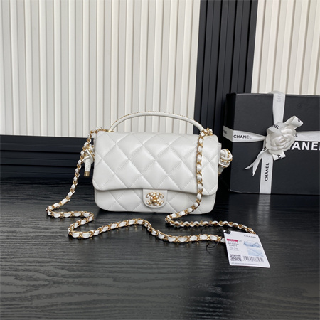 Chanel Flap Bag With Top Handle Lambskin Gold Tone Metal White Color AS5317