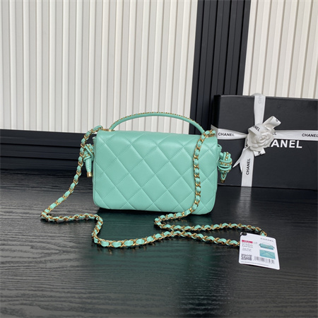 Chanel Flap Bag With Top Handle Lambskin Gold Tone Metal Green Color AS5317