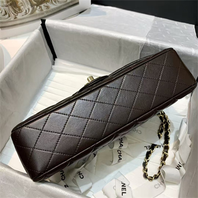 Chanel Medium Classic Flap Bag Lambskin Gold Tone Metal Dk Brown 01112