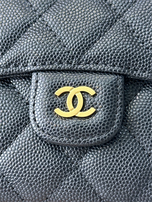 Chanel Small Flap Wallet Tri-Fold Grained Calfskin Gold Tone Metal Black A82288