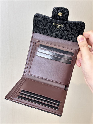 Chanel Small Flap Wallet Tri-Fold Grained Calfskin Gold Tone Metal Black A82288 (big grain)