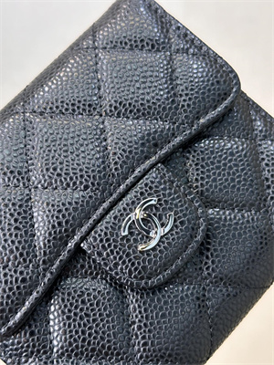 Chanel Small Flap Wallet Tri-Fold Grained Calfskin Silver Tone Metal Black A82288 (big grain)