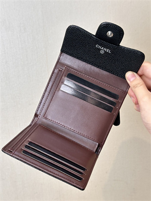 Chanel Small Flap Wallet Tri-Fold Grained Calfskin Silver Tone Metal Black A82288 (big grain)