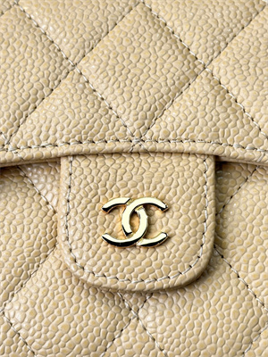 Chanel Small Flap Wallet Tri-Fold Grained Calfskin Gold Tone Metal Beige A82288