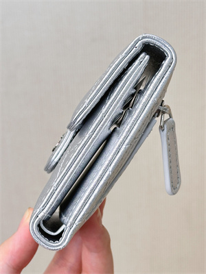 Chanel Small Flap Wallet Tri-Fold Lambskin Silver Tone Metal Silver A82288