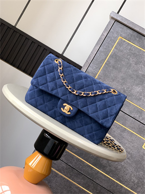 Cha.nel Medium Classic Flap Bag Suede Gold Tone Metal Blue 01112