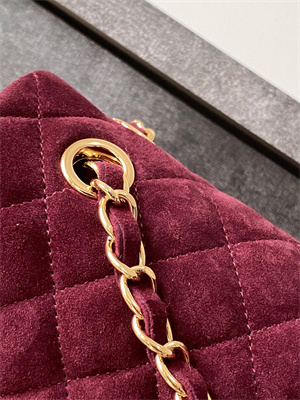 Cha.nel Medium Classic Flap Bag Suede Gold Tone Metal Burgundy 01112