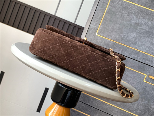Cha.nel Medium Classic Flap Bag Suede Gold Tone Metal Coffee 01112