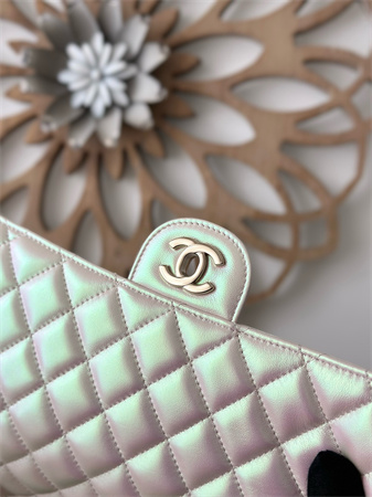 Chanel Medium Classic Flap Bag Iridescent Lambskin Gold Tone Metal Lt Beige 01112