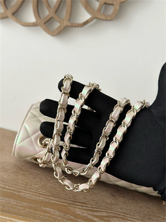 Chanel Medium Classic Flap Bag Iridescent Lambskin Gold Tone Metal Lt Beige 01112