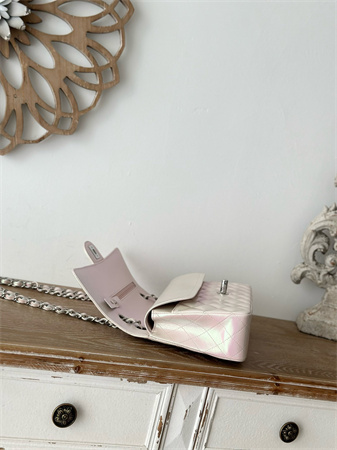 Chanel Medium Classic Flap Bag Iridescent Lambskin Silver Tone Metal Lt Beige 01112