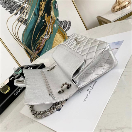 Chanel Medium Classic Flap Bag Iridescent Lambskin Silver Tone Metal Silver 01112