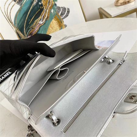 Chanel Medium Classic Flap Bag Iridescent Lambskin Silver Tone Metal Silver 01112