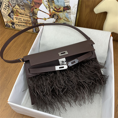 Kelly Elan Bag Goatskin Leather With Ostrich Feather Silver Tone Metal In Rouge Moyen HS