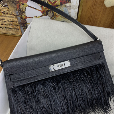 Kelly Elan Bag Goatskin Leather With Ostrich Feather Silver Tone Metal In Black HS