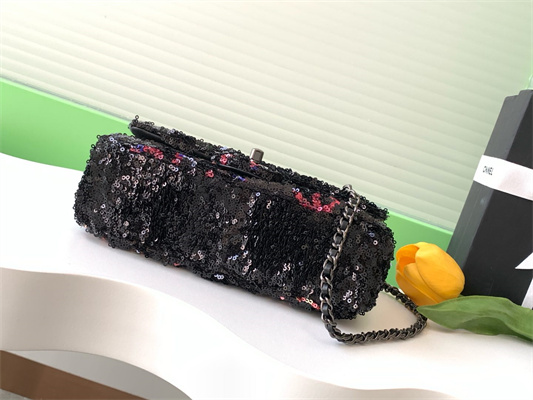 Cha.nel Flap Bag Sequins & Silver-Tone Metal  Black AS4561