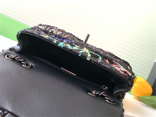 Cha.nel Flap Bag Sequins & Silver-Tone Metal  Black AS4561