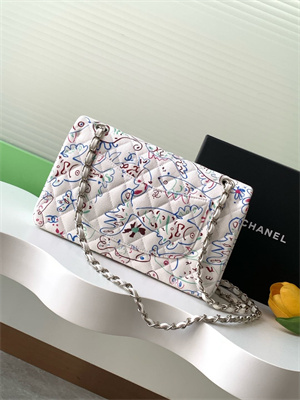 Cha.nel Medium Classic Flap Bag Colorful Canvas Silver Tone Metal  White 01112
