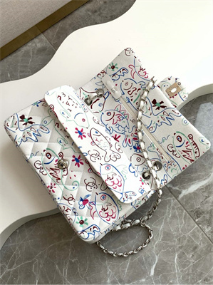 Cha.nel Medium Classic Flap Bag Colorful Canvas Silver Tone Metal  White 01112