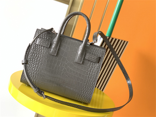 Y.S.L SAC DE JOUR NANO In Grey Crocodile Embossed Leather Silver Tone Metal