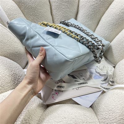 Cha.nel 19 Shopping Bag Lambskin Gold Tone Metal Lt Blue AS3660