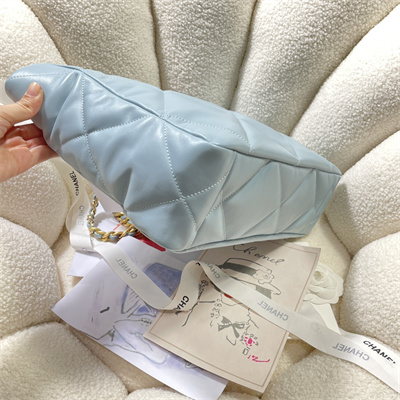 Cha.nel 19 Shopping Bag Lambskin Silver Tone Metal Blue AS3660